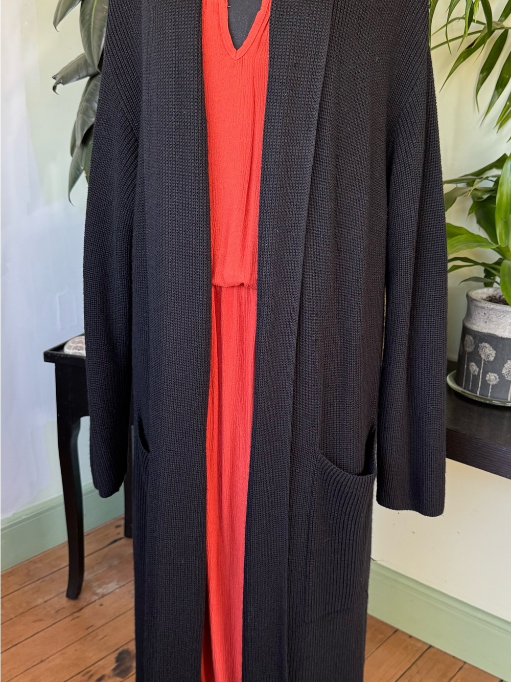 Quince-Black Open-Front Long Knit Cardigan